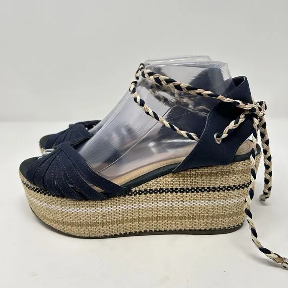 Anthropologie Schutz Karlan Wedge Sandals Blue Canvas Wraped Sandals Womens 8.5