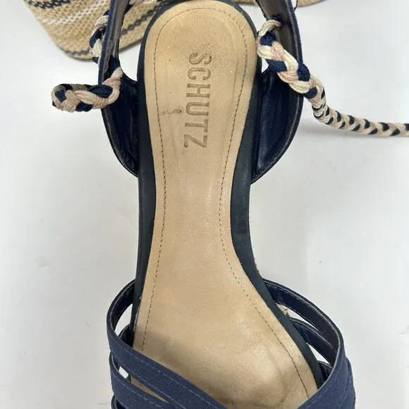 Anthropologie Schutz Karlan Wedge Sandals Blue Canvas Wraped Sandals Womens 8.5