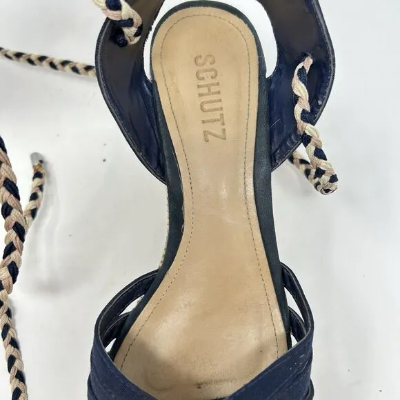 Anthropologie Schutz Karlan Wedge Sandals Blue Canvas Wraped Sandals Womens 8.5