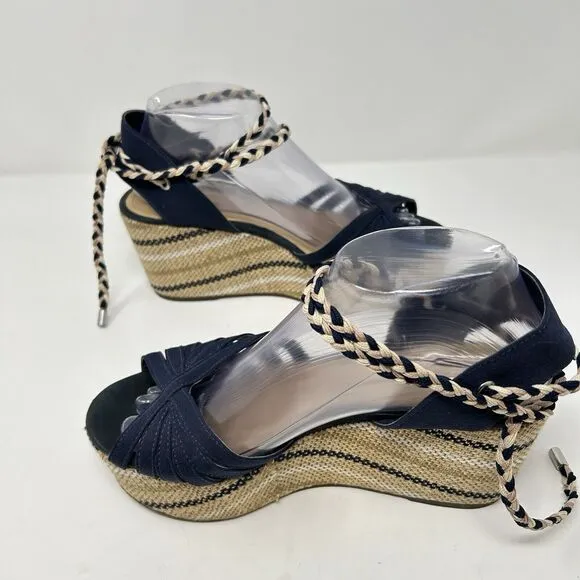 Anthropologie Schutz Karlan Wedge Sandals Blue Canvas Wraped Sandals Womens 8.5