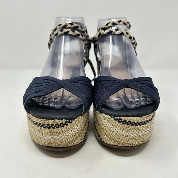 Anthropologie Schutz Karlan Wedge Sandals Blue Canvas Wraped Sandals Womens 8.5