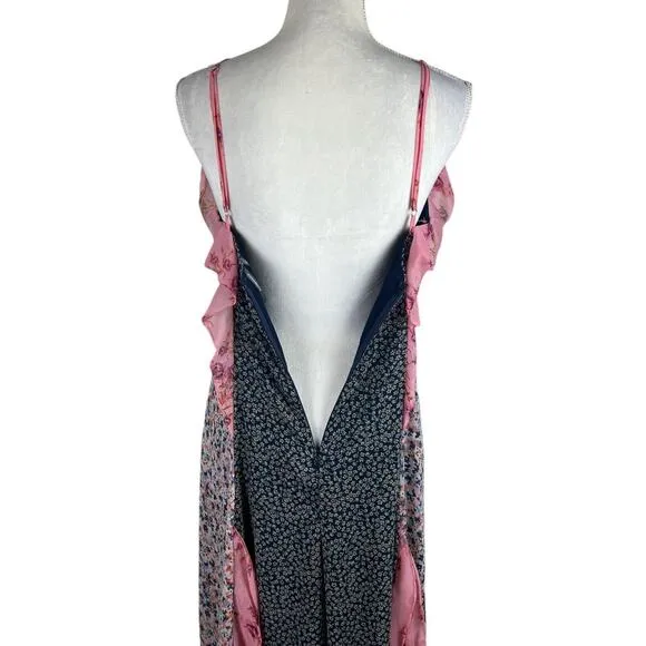 Anthropologie Sleeveless V-Neck Paneled Ruffle Midi Dress Pink Combo Size Small