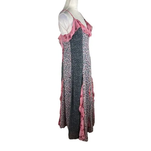 Anthropologie Sleeveless V-Neck Paneled Ruffle Midi Dress Pink Combo Size Small
