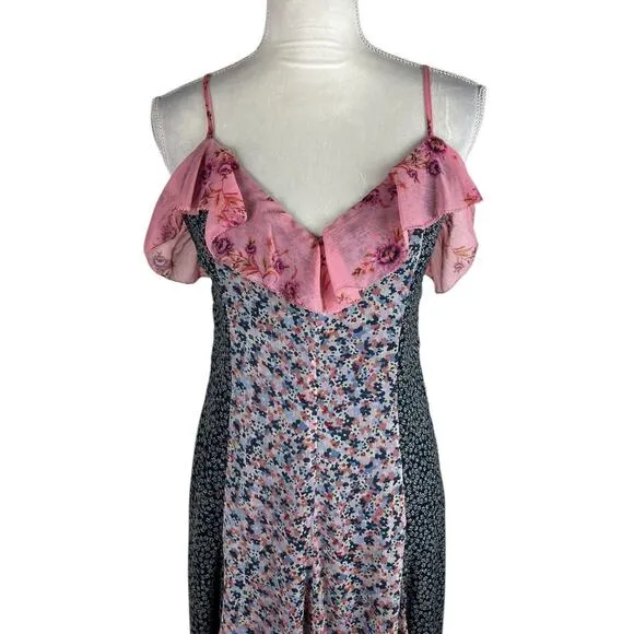 Anthropologie Sleeveless V-Neck Paneled Ruffle Midi Dress Pink Combo Size Small