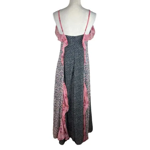 Anthropologie Sleeveless V-Neck Paneled Ruffle Midi Dress Pink Combo Size Small