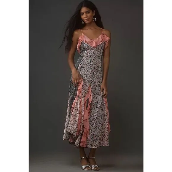 Anthropologie Sleeveless V-Neck Paneled Ruffle Midi Dress Pink Combo Size Small