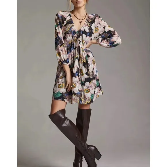 Anthropologie Tiered V Neck Floral Dress Balloon Sleeves excellent Size XL