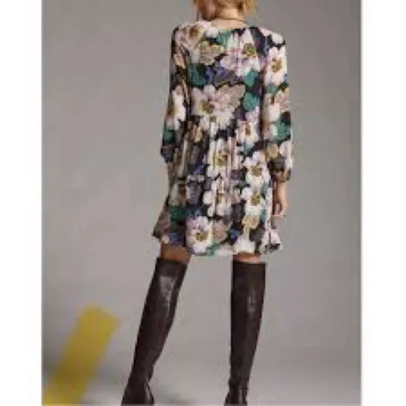 Anthropologie Tiered V Neck Floral Dress Balloon Sleeves excellent Size XL