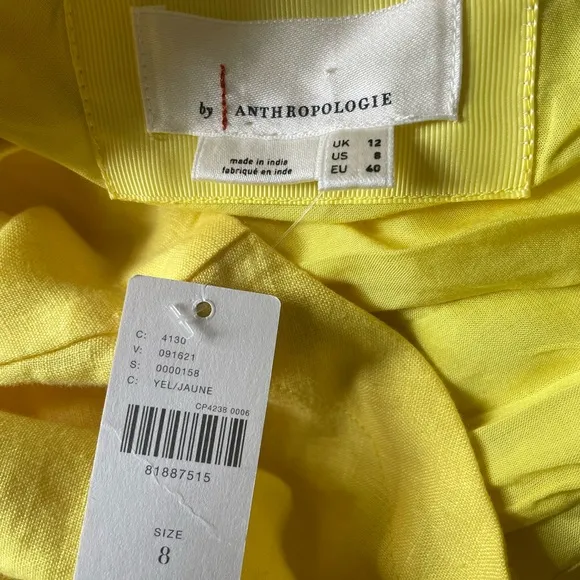 Anthropologie Yellow Linen One-Shoulder Dress Size 8