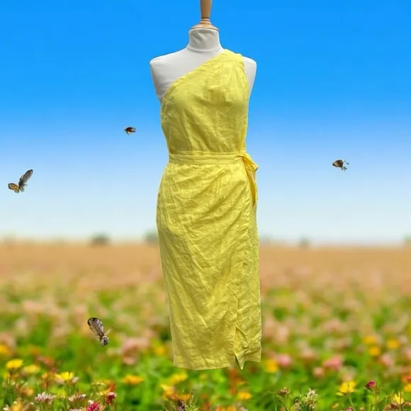 Anthropologie Yellow Linen One-Shoulder Dress Size 8