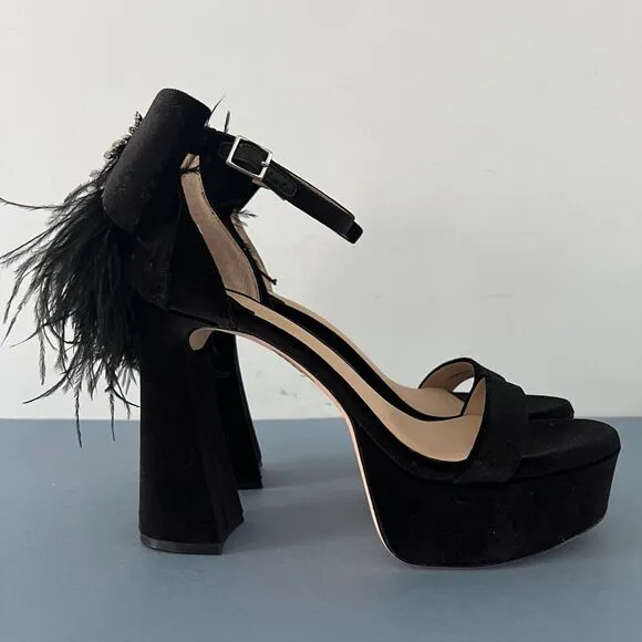 Antonio Melani Janie Black Velvet Rhinestone Bow Feather Platform Dress Sandals