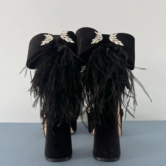 Antonio Melani Janie Black Velvet Rhinestone Bow Feather Platform Dress Sandals