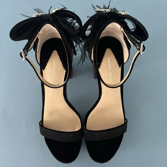 Antonio Melani Janie Black Velvet Rhinestone Bow Feather Platform Dress Sandals