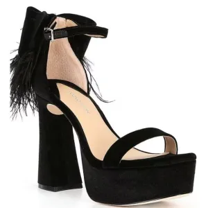 Antonio Melani Janie Black Velvet Rhinestone Bow Feather Platform Dress Sandals