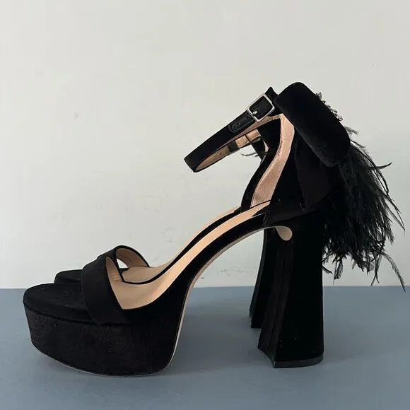 Antonio Melani Janie Black Velvet Rhinestone Bow Feather Platform Dress Sandals