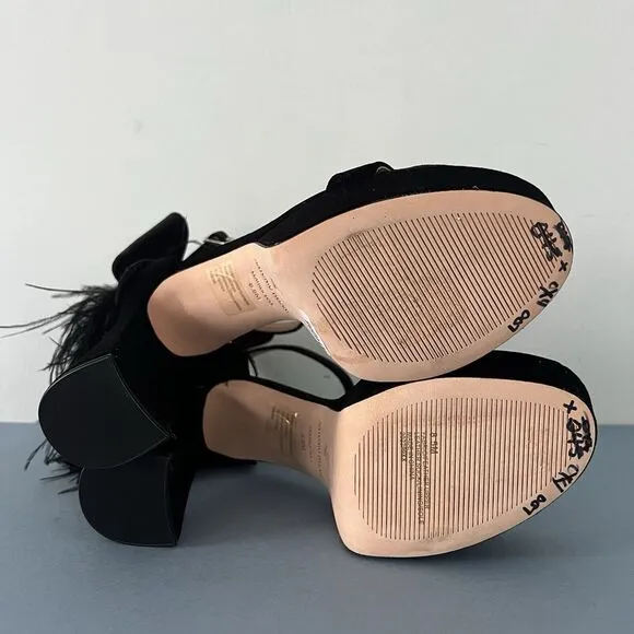 Antonio Melani Janie Black Velvet Rhinestone Bow Feather Platform Dress Sandals