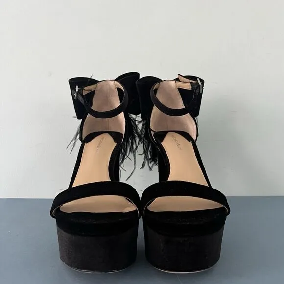 Antonio Melani Janie Black Velvet Rhinestone Bow Feather Platform Dress Sandals