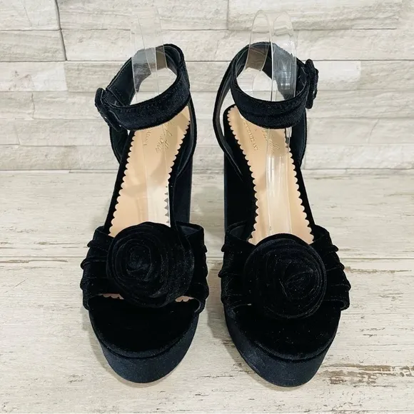 Antonio Melani × Nicola Bathie Emilia Black Velvet Rose Platform Sandals Sz 10