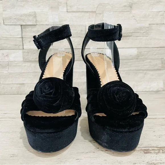 Antonio Melani × Nicola Bathie Emilia Black Velvet Rose Platform Sandals Sz 10