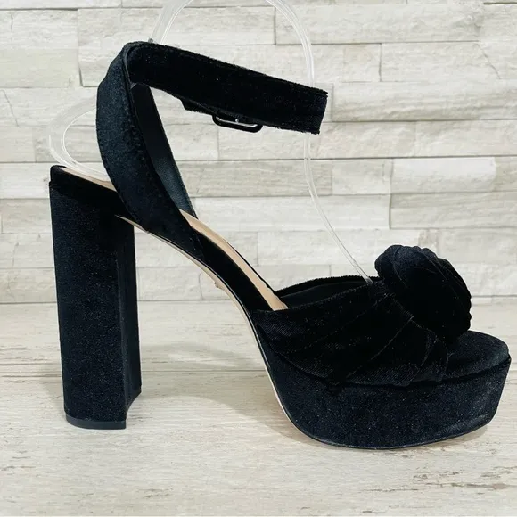Antonio Melani × Nicola Bathie Emilia Black Velvet Rose Platform Sandals Sz 10