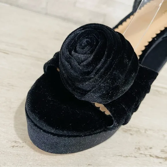Antonio Melani × Nicola Bathie Emilia Black Velvet Rose Platform Sandals Sz 10