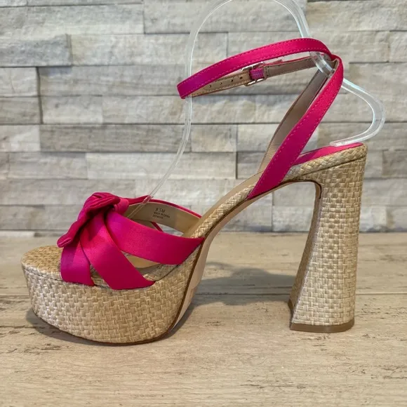 Antonio Melani Women’s Bindi Pink Satin Bow Raffia Platform Sandals NEW