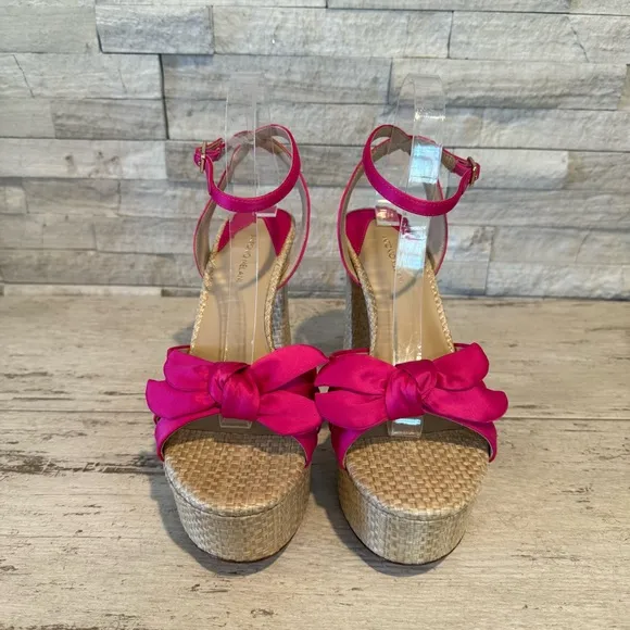 Antonio Melani Women’s Bindi Pink Satin Bow Raffia Platform Sandals NEW
