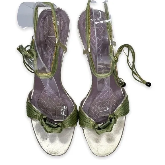 Anya Hindmarch‎ Green Gold Tie Up Sandal Heels Silk Size 40/9.5