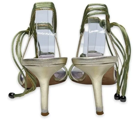 Anya Hindmarch‎ Green Gold Tie Up Sandal Heels Silk Size 40/9.5