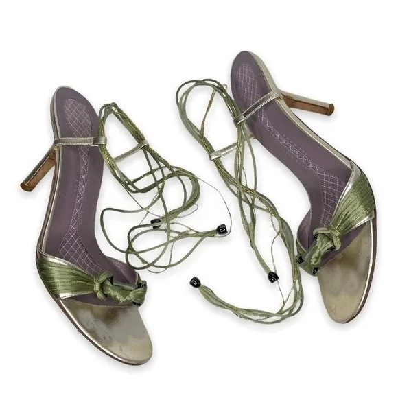 Anya Hindmarch‎ Green Gold Tie Up Sandal Heels Silk Size 40/9.5