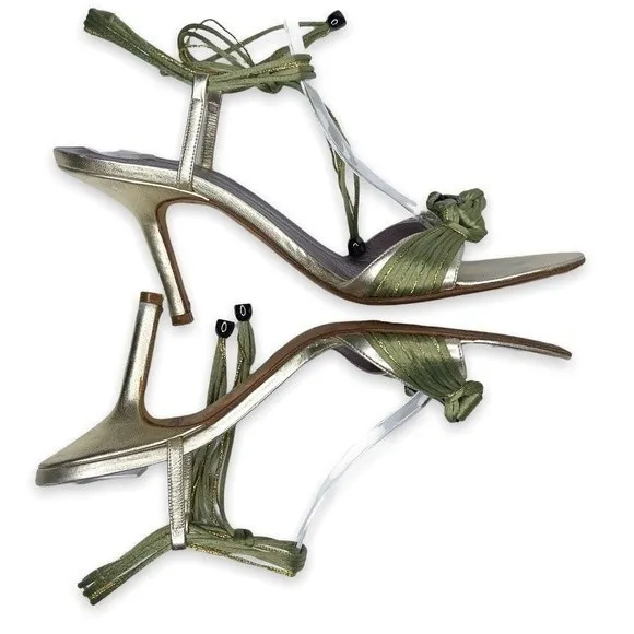 Anya Hindmarch‎ Green Gold Tie Up Sandal Heels Silk Size 40/9.5