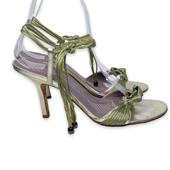 Anya Hindmarch‎ Green Gold Tie Up Sandal Heels Silk Size 40/9.5