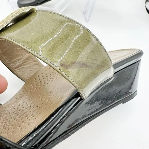 Anyi Lu Lucy Slip On Wedge Patent Leather Sandals Color Block Green/Black/Tan 11