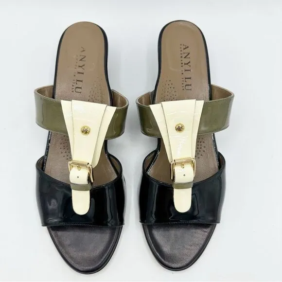 Anyi Lu Lucy Slip On Wedge Patent Leather Sandals Color Block Green/Black/Tan 11