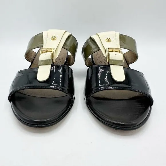 Anyi Lu Lucy Slip On Wedge Patent Leather Sandals Color Block Green/Black/Tan 11
