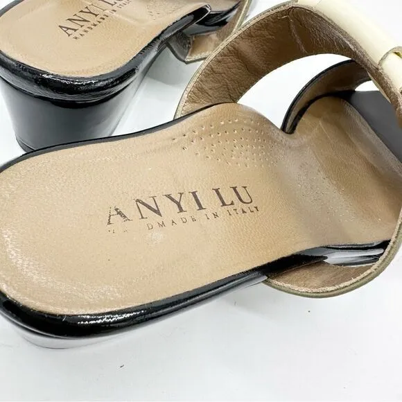 Anyi Lu Lucy Slip On Wedge Patent Leather Sandals Color Block Green/Black/Tan 11