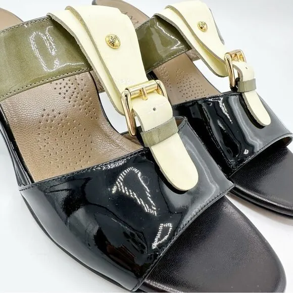 Anyi Lu Lucy Slip On Wedge Patent Leather Sandals Color Block Green/Black/Tan 11