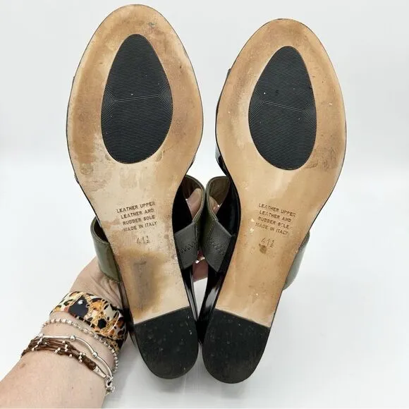 Anyi Lu Lucy Slip On Wedge Patent Leather Sandals Color Block Green/Black/Tan 11