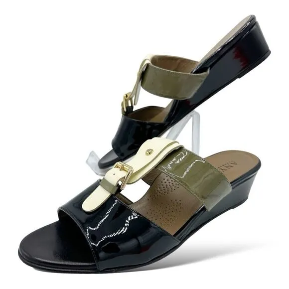 Anyi Lu Lucy Slip On Wedge Patent Leather Sandals Color Block Green/Black/Tan 11
