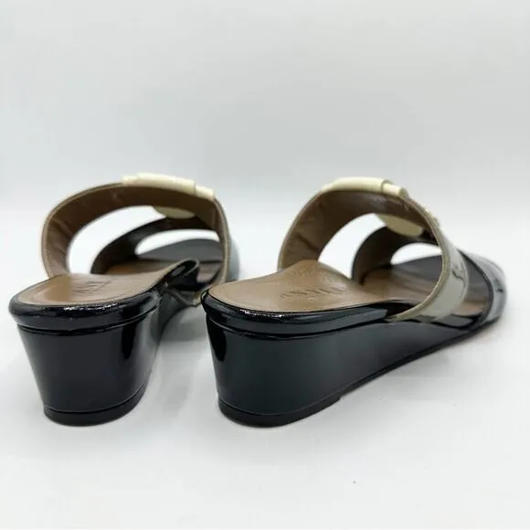 Anyi Lu Lucy Slip On Wedge Patent Leather Sandals Color Block Green/Black/Tan 11