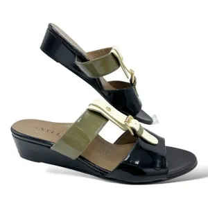 Anyi Lu Lucy Slip On Wedge Patent Leather Sandals Color Block Green/Black/Tan 11