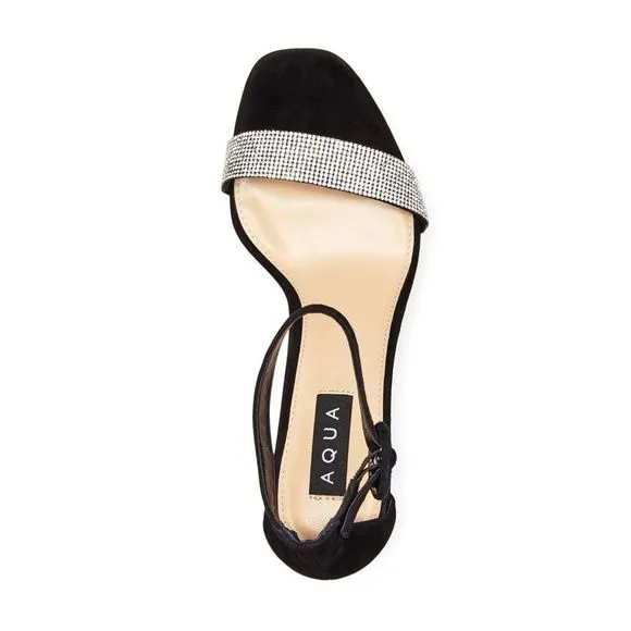 AQUA Womens Black Rhinestones Seven Square Toe Stiletto Leather Sandals 9.5 M