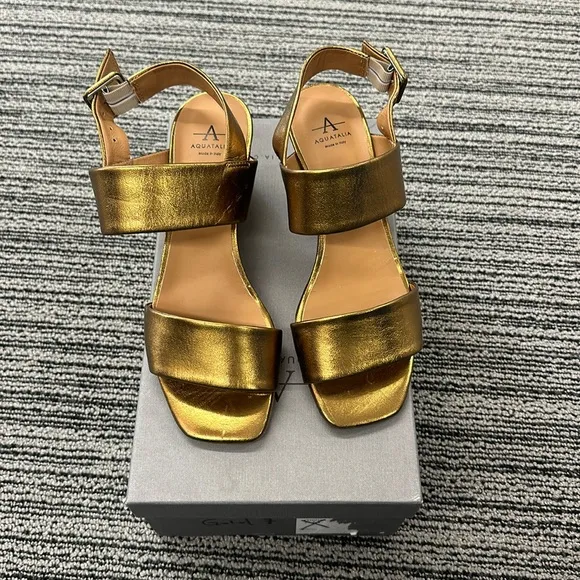 🔥🔥🔥Aquatalia Metallic Gold Leather Sandals Heels Size 7