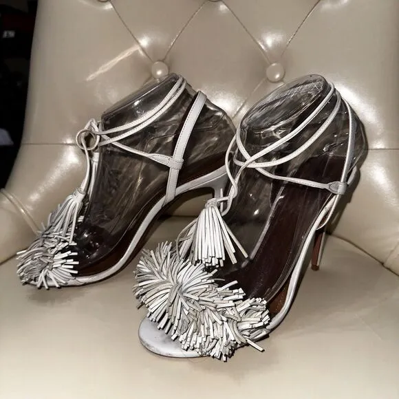 Aquazzura Firenze Wild Thing 105 Fringe Suede Sandals Heels White Size 7.5/37.5
