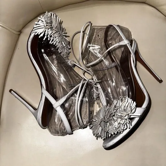 Aquazzura Firenze Wild Thing 105 Fringe Suede Sandals Heels White Size 7.5/37.5