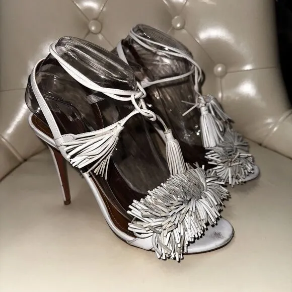 Aquazzura Firenze Wild Thing 105 Fringe Suede Sandals Heels White Size 7.5/37.5