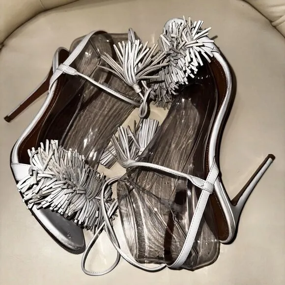 Aquazzura Firenze Wild Thing 105 Fringe Suede Sandals Heels White Size 7.5/37.5