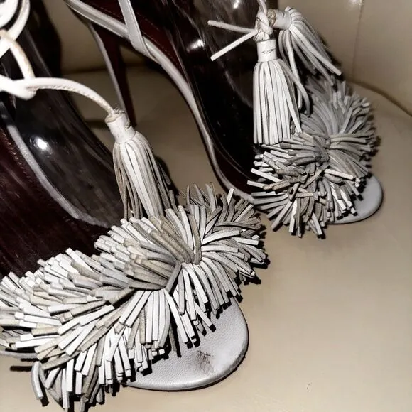 Aquazzura Firenze Wild Thing 105 Fringe Suede Sandals Heels White Size 7.5/37.5