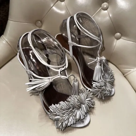 Aquazzura Firenze Wild Thing 105 Fringe Suede Sandals Heels White Size 7.5/37.5