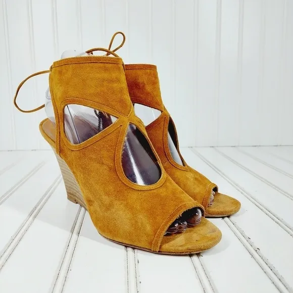 Aquazzura Sexy Thing Suede Wedge Sandal Cognac Brown Lace Back Heels B461